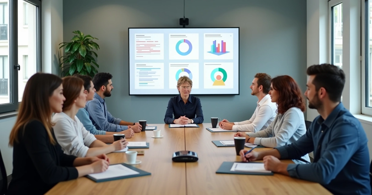 Team in a meeting reviewing feedback notes on a screen