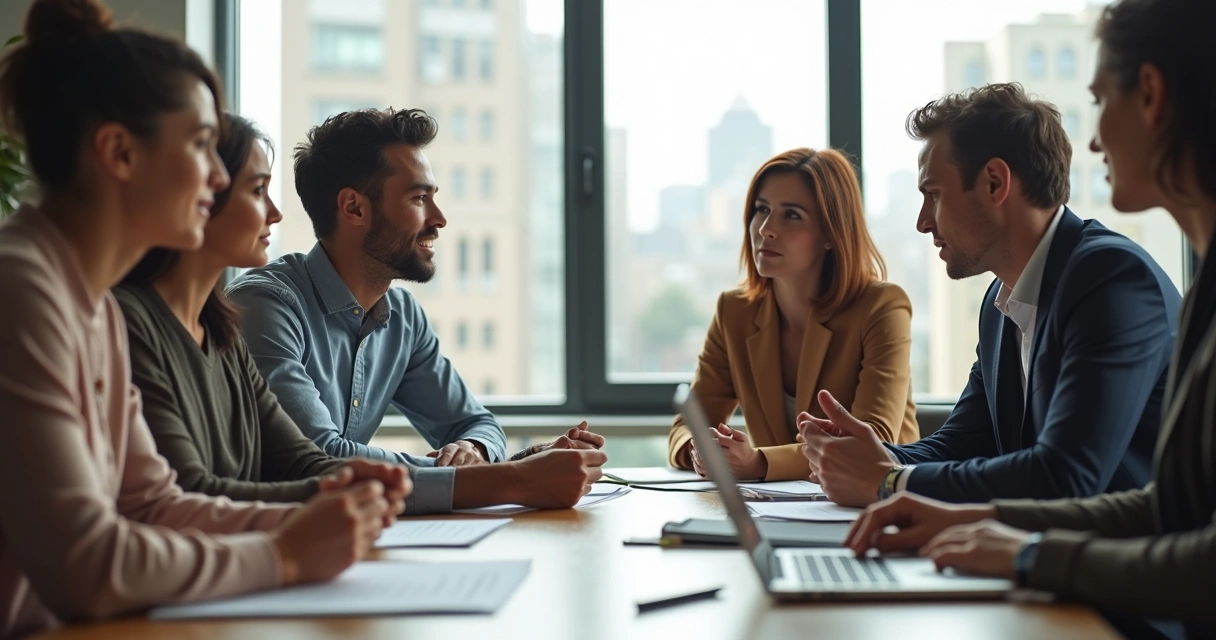 Team having a feedback meeting at an office table 