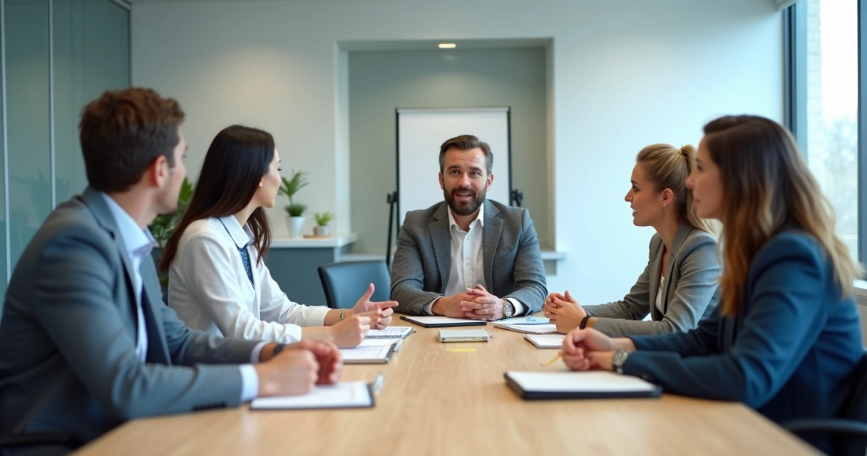 Team in a meeting receiving feedback around a table 