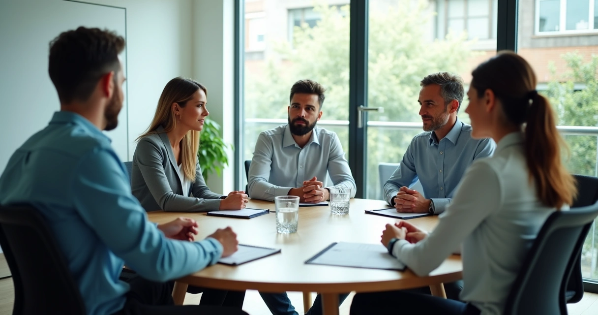 Team having a calm feedback conversation in a meeting room 