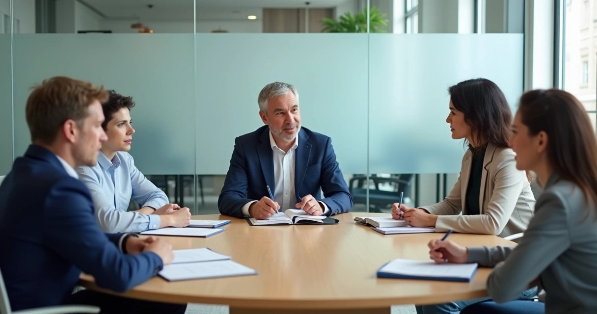 Team meeting with a leader listening during feedback discussion 