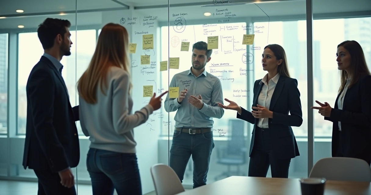 Small team in a meeting reviewing notes on a glass wall 