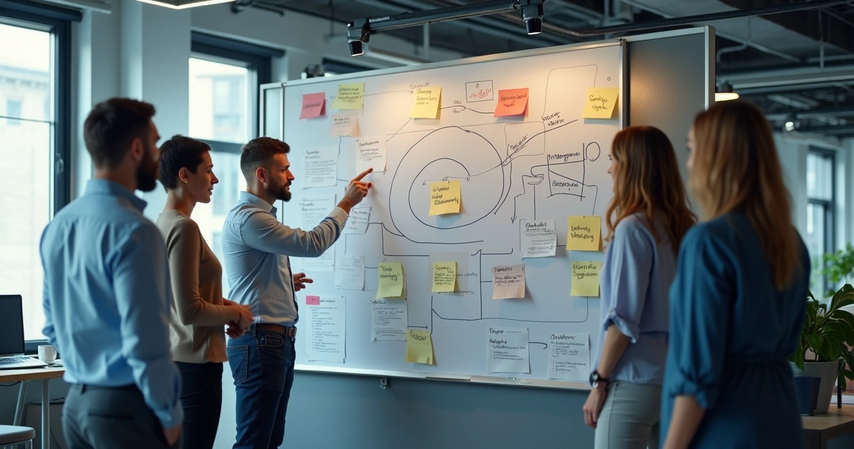 Team reviewing a feedback map on a wall in an office
