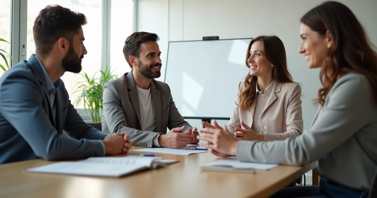 Group of coworkers providing feedback using body language in a meeting room 