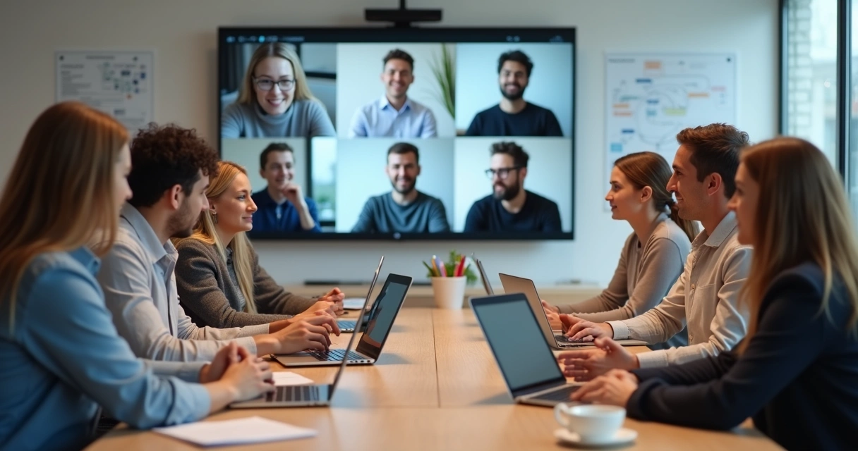 Hybrid team giving feedback in office and on video call 