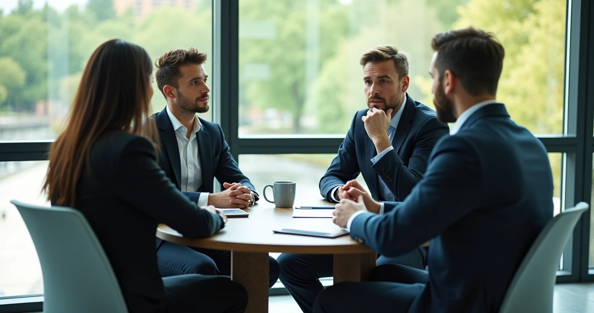 Colleagues seated in a light-filled office space, two exchanging feedback across the table, others listening attentively 
