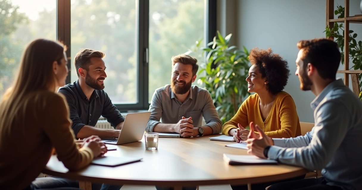 Team engaged in a feedback session around a round table 