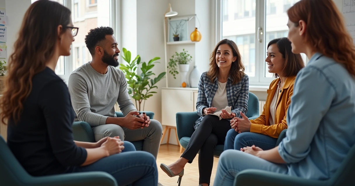 Team in a feedback session with open posture and mutual respect 