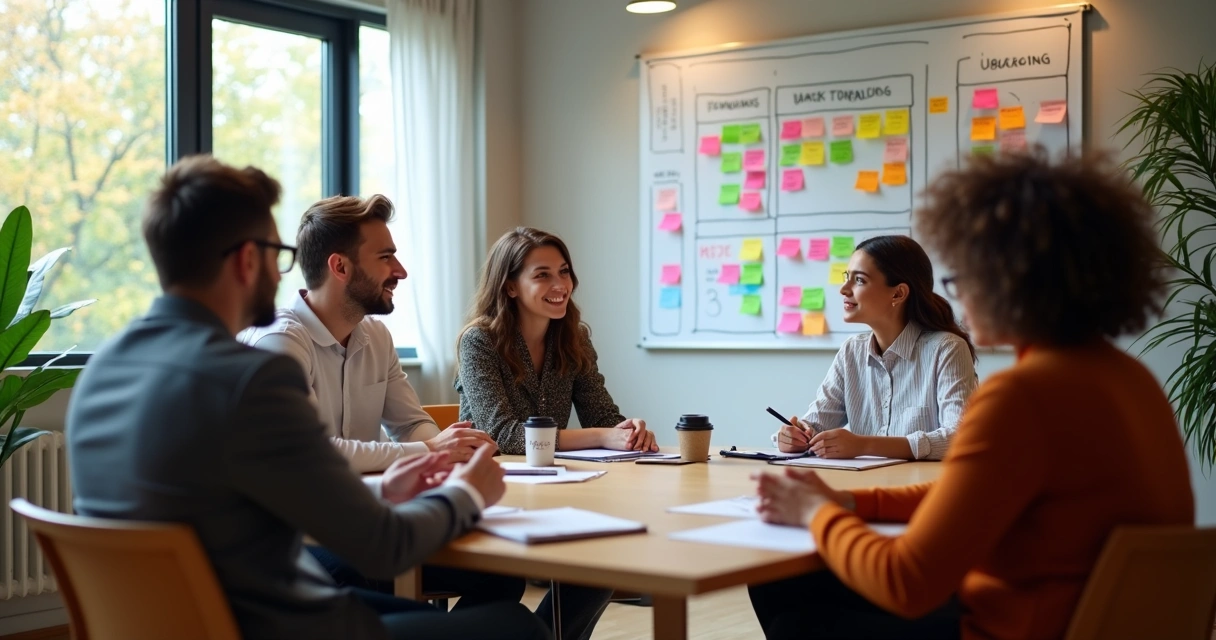 Team members in a feedback session with notes on the wall