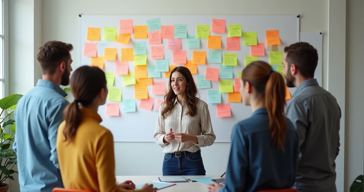 Team in a feedback session with sticky notes on a wall 