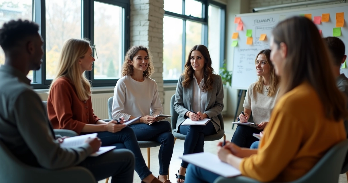 Diverse employees sitting in a circle during a feedback workshop 