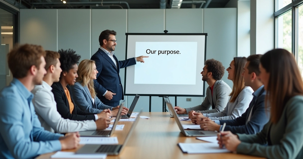 Business team discussing purpose and shared goals around a table 