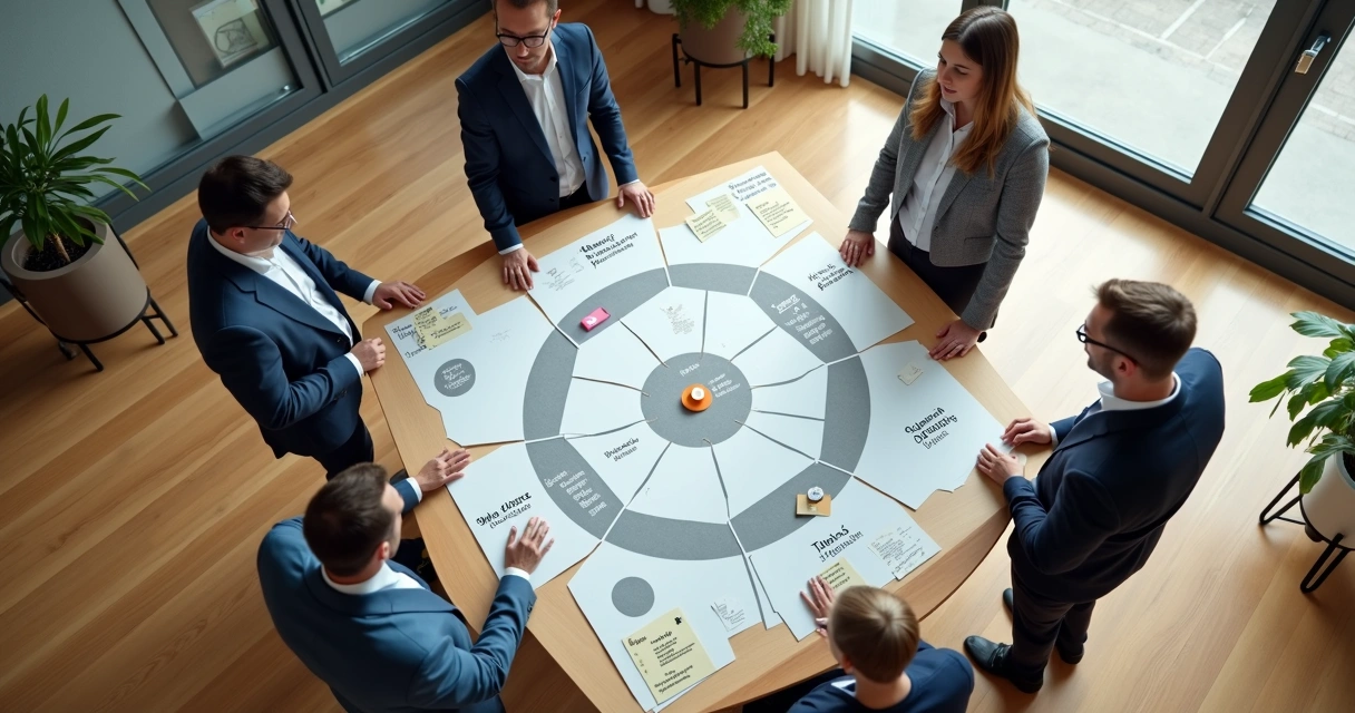 Team members mapping roles on a floor layout with cards