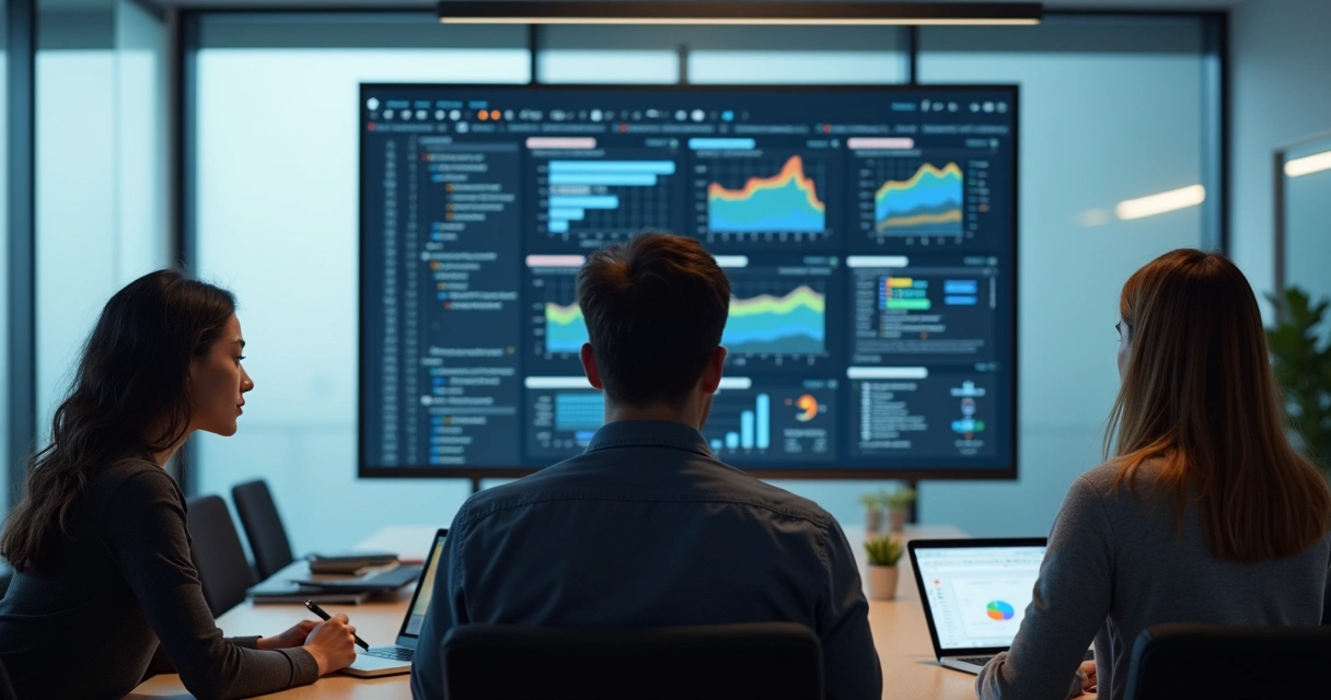 Tech team in a meeting room with calm focus and digital dashboards 
