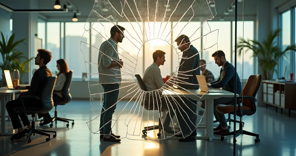 Office team reflected in fragmented glass wall showing emotional disconnection 