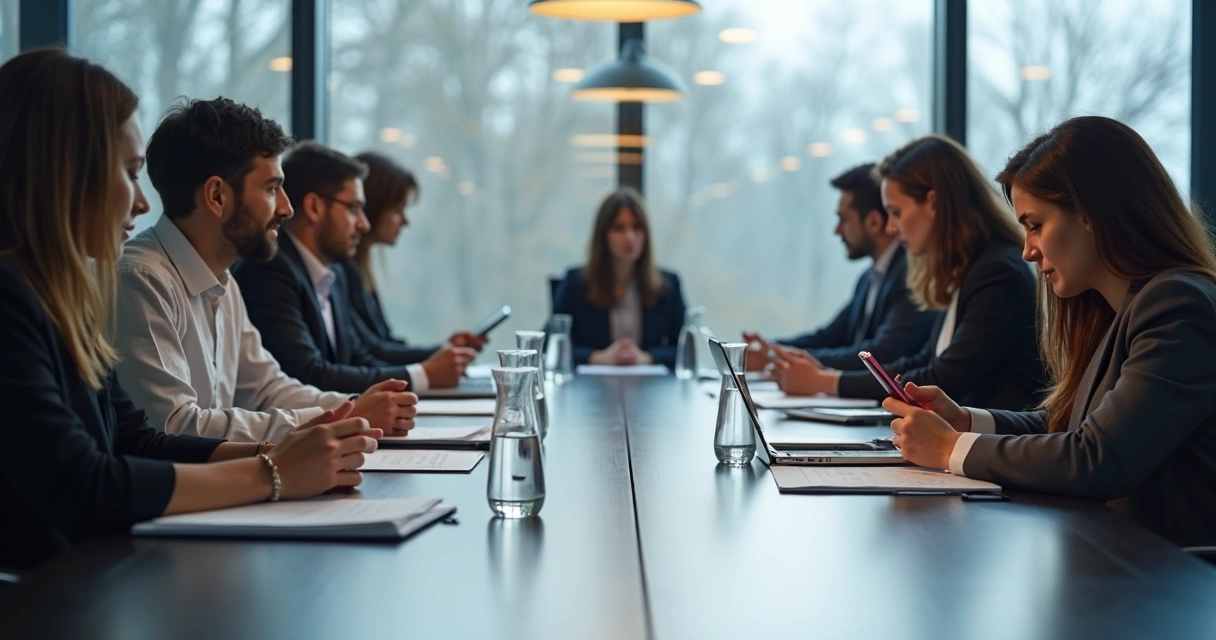 Group of people around a conference table, each turned slightly away from each other, emphasizing separation