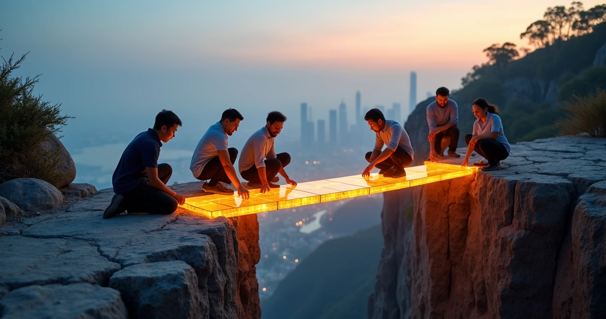 Diverse team building a glowing bridge between two rocky cliffs 