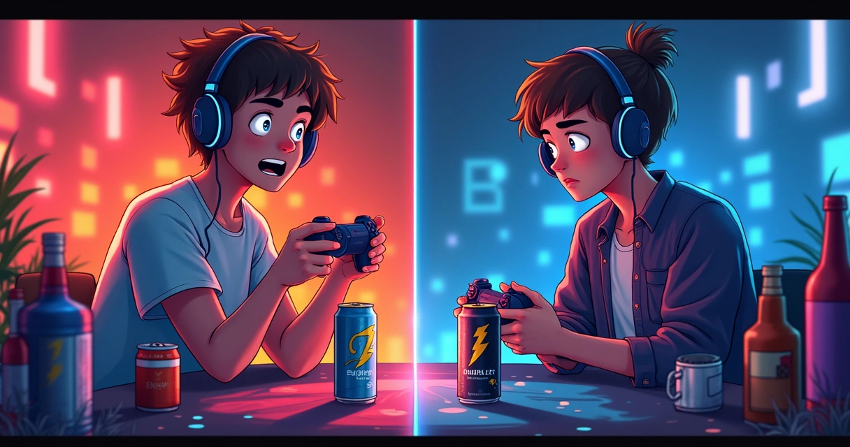 Split scene showing two gamers, one energized and jittery, another sluggish and unfocused 