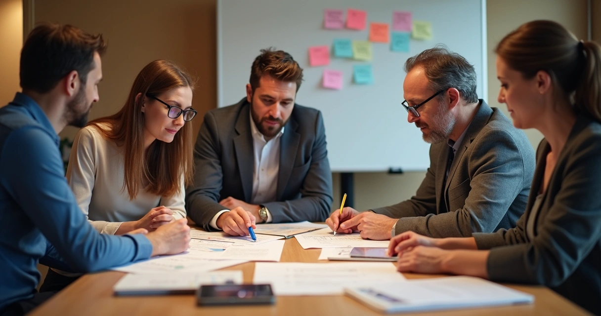 Team discussing goals around a meeting table