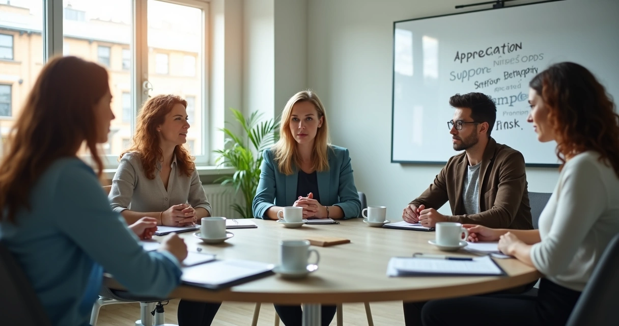 Team sharing appreciation during a meeting 