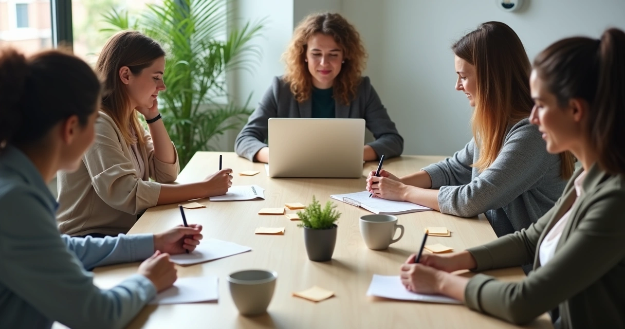 Team members writing appreciation notes at a shared table 