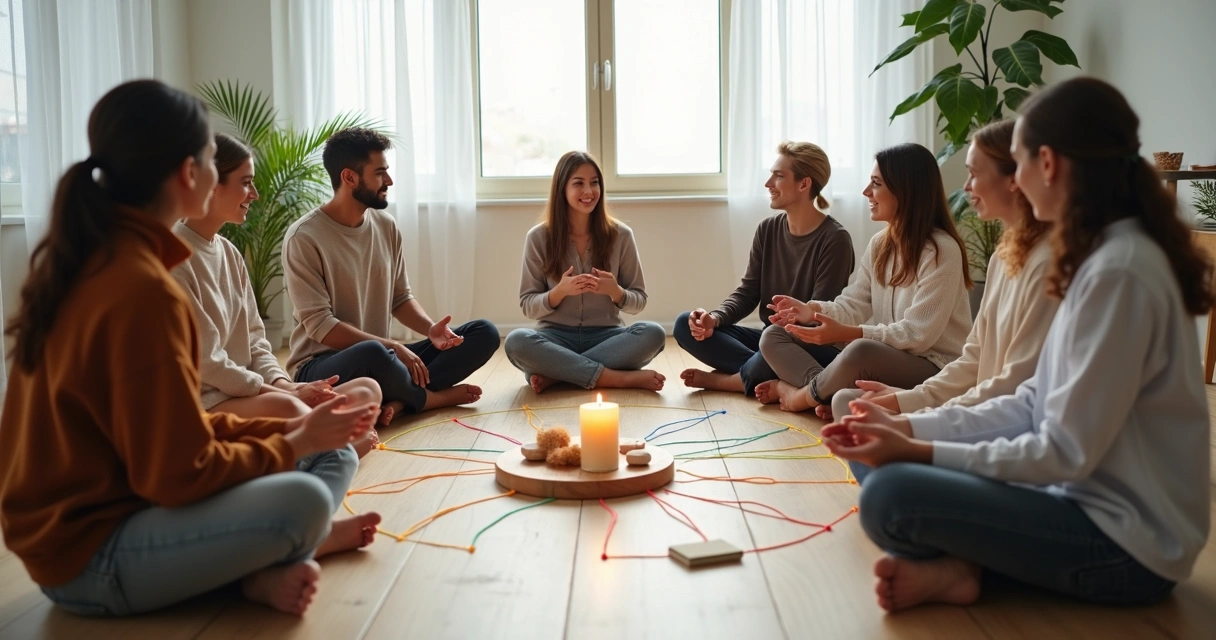 Diverse team seated in a circle connected by glowing gratitude strings 