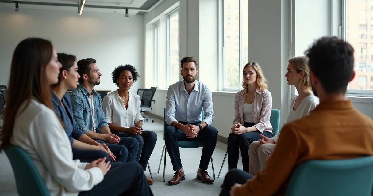 Coworkers sitting in a circle sharing a minute of silence before a meeting 