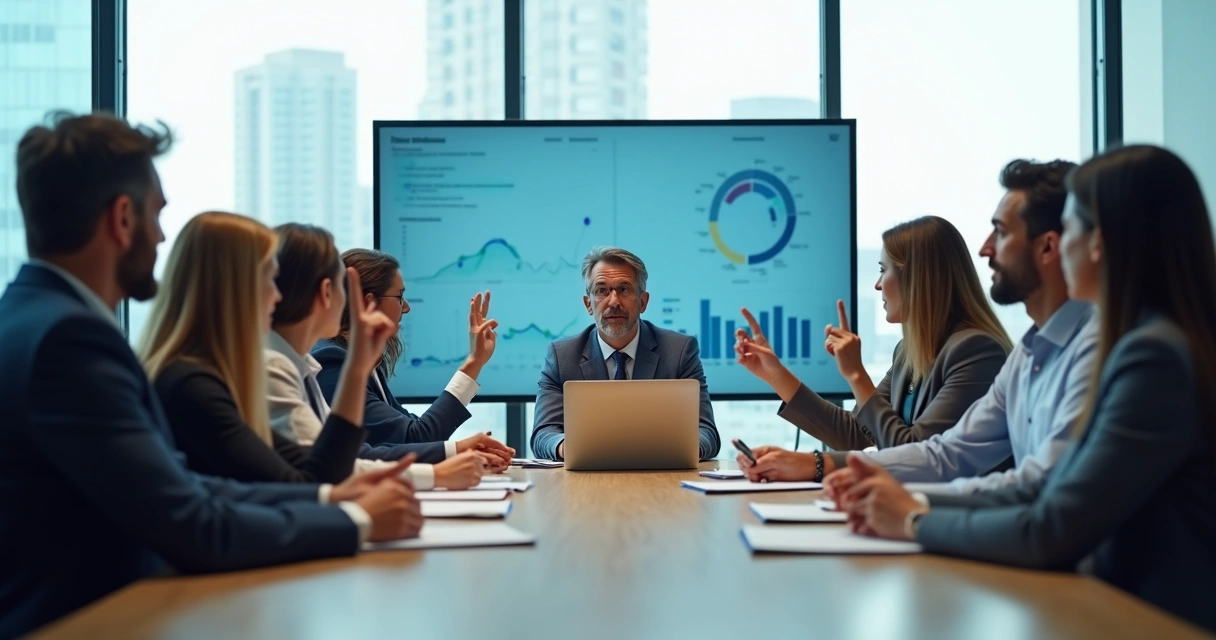 Business team all raising hands in agreement while one thoughtful person stays quiet at the table 