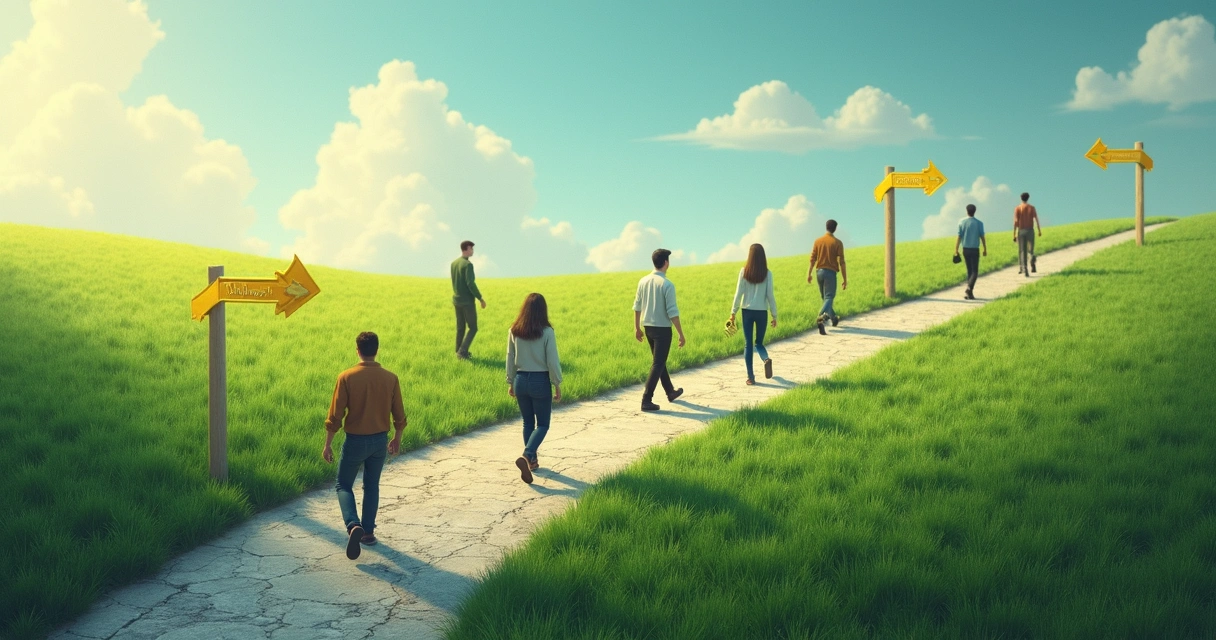 Team members moving forward on a path with greenery and arrows indicating progress 