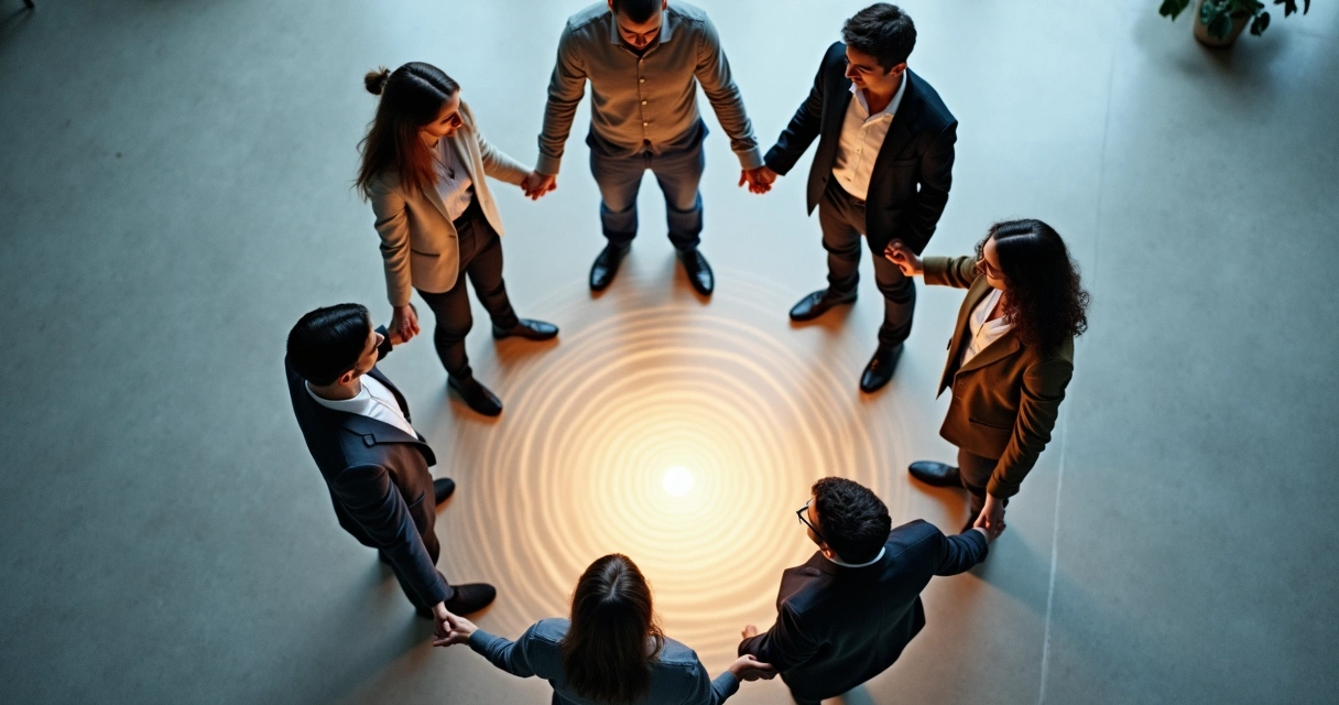 Group of professionals standing in a circle showing unity 