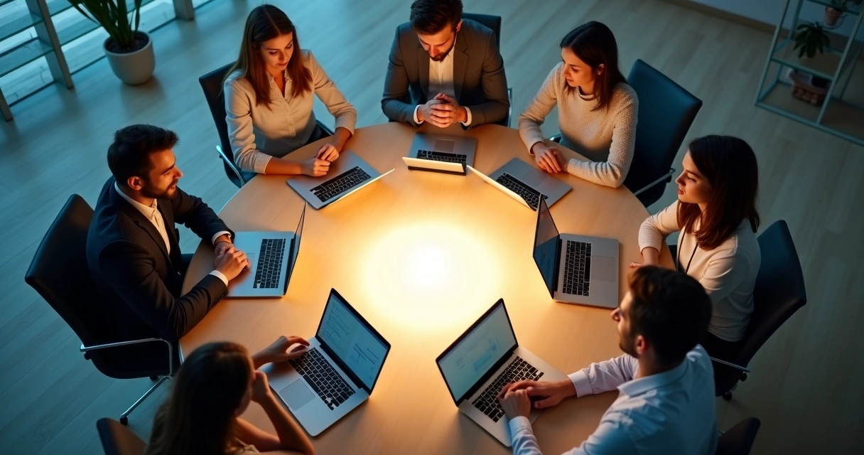 Team around meeting table casting tangled overlapping shadows 