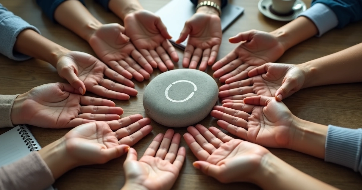 Group placing hands around a shared symbolic object on a table
