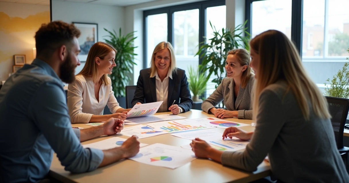 Colleagues discussing a workplace happiness report with charts and graphs on a table