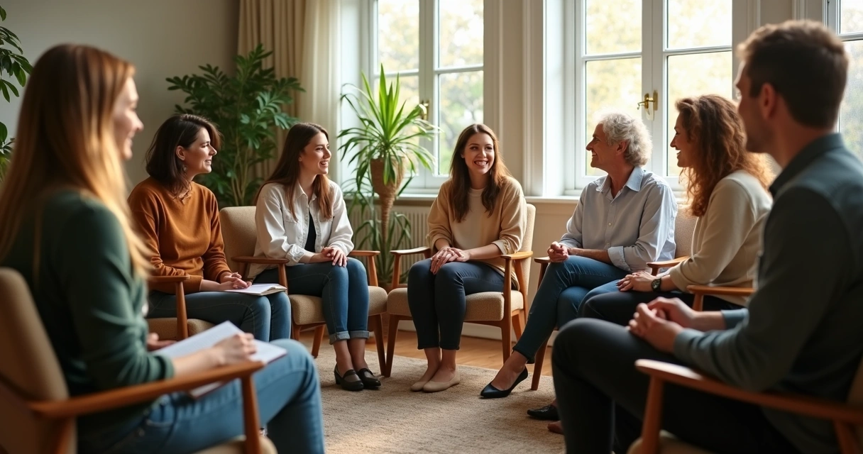 Team members sitting in a circle, having an open conversation in a modern office. 