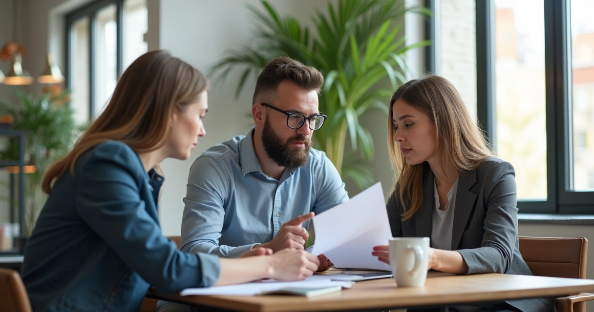 Colleagues helping each other at a meeting table 