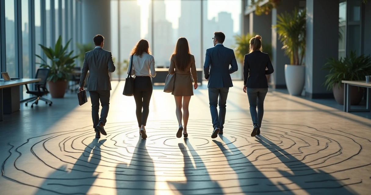Team walking on office floor that reveals a hidden labyrinth in shadow 