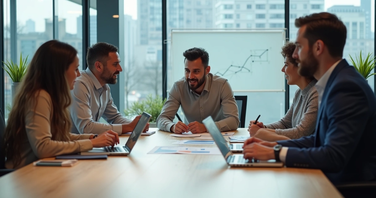 Business team around table with one member connected by subtle shadow ties 