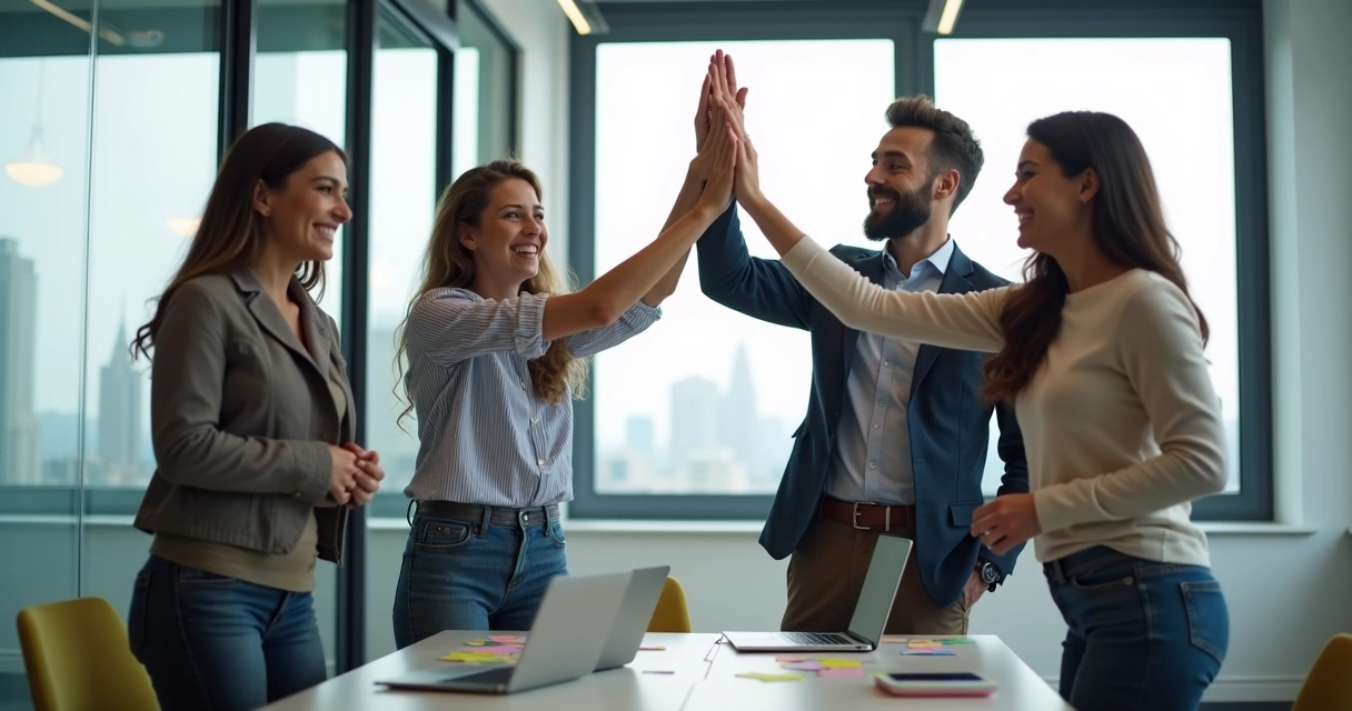 Team celebrating group achievement with a high five 