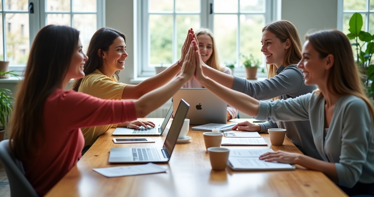 Team celebrating with high-fives around table 