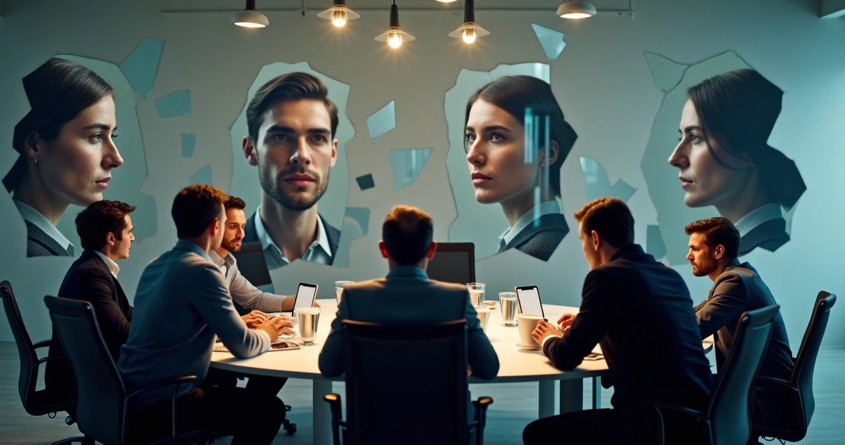Several businesspeople in a meeting with fragmented mirrors reflecting their faces and subtle signs of tension 