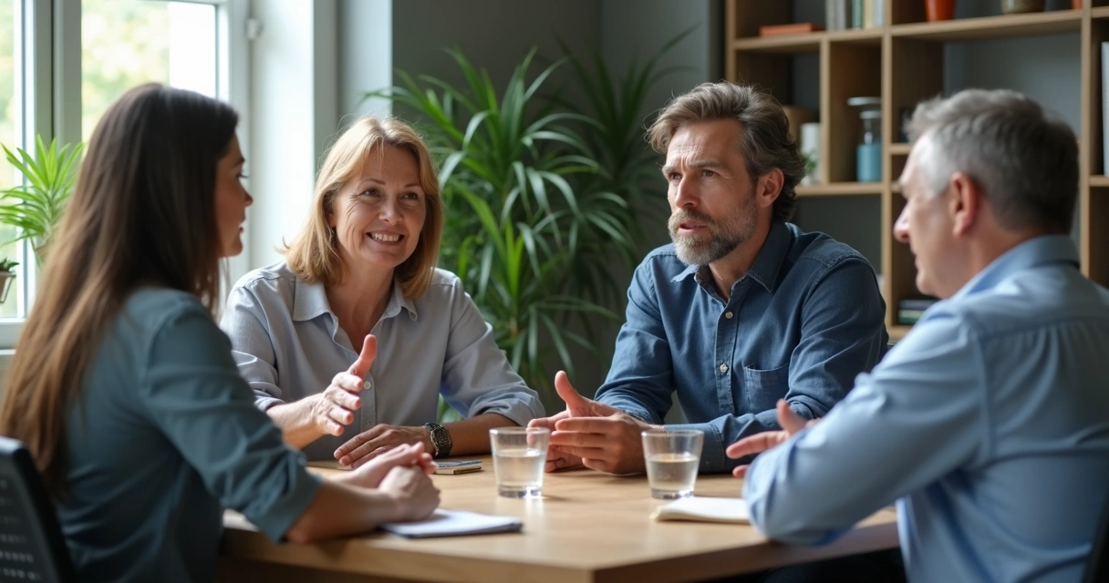 Small team in an honest conversation at a table 