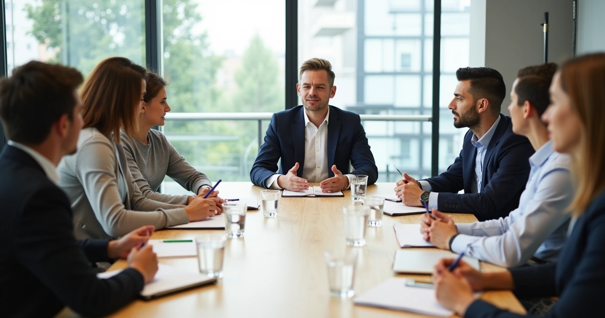 Team in a meeting speaking openly around a table