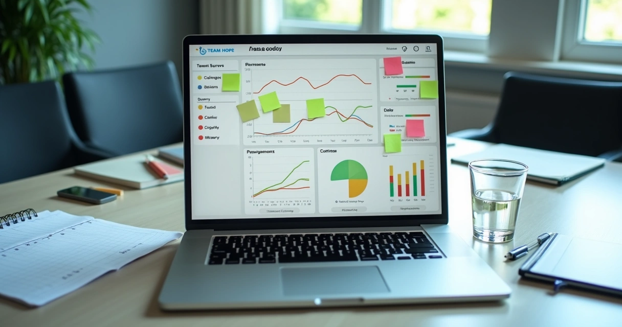 Team dashboard with survey scores and meeting notes
