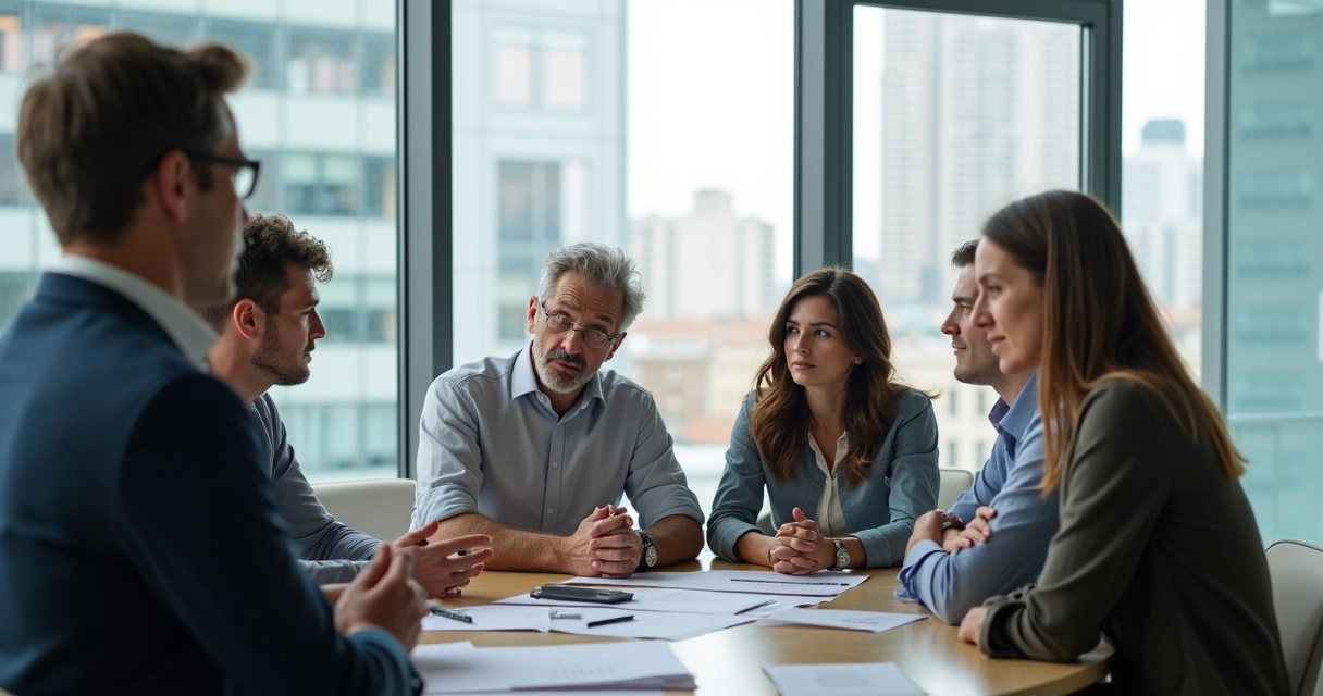 Diverse office team in discussion around a desk