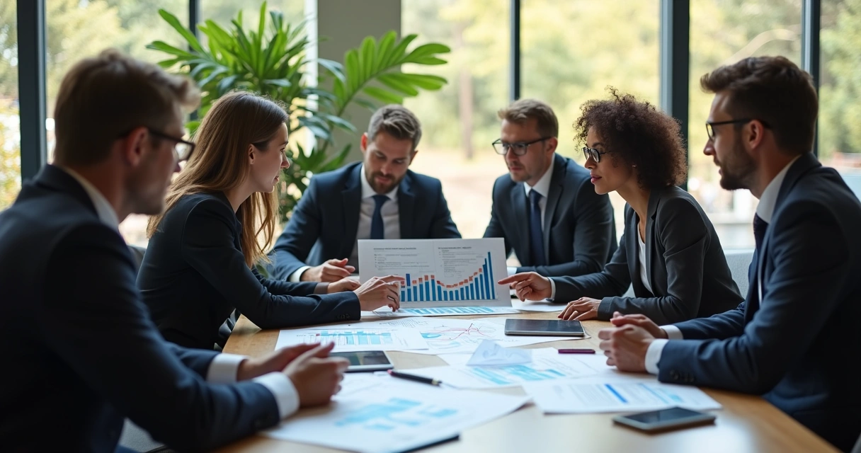 People in business attire sitting around a conference table, engaged in serious discussion with graphs and notes on the table.