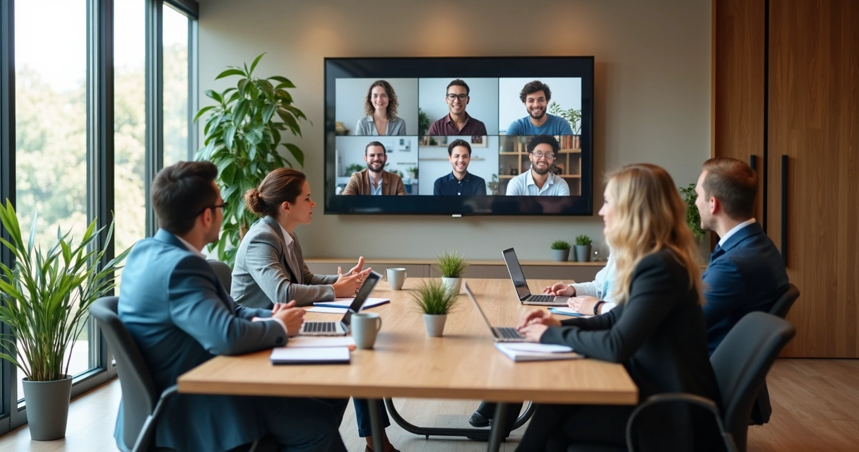 Team in hybrid meeting with remote and office participants
