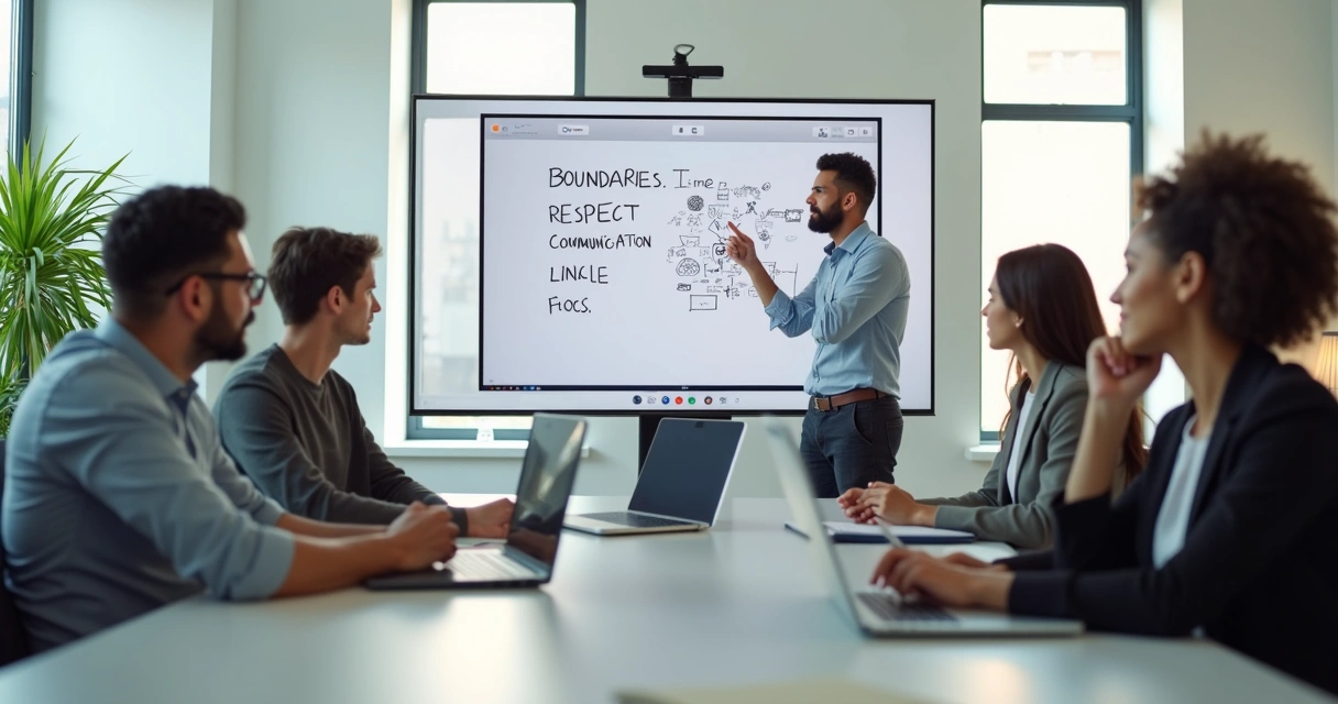 Hybrid team meeting with remote and in-person participants