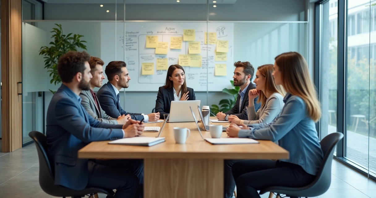 Team discussing ideas around a table with notes on a glass wall