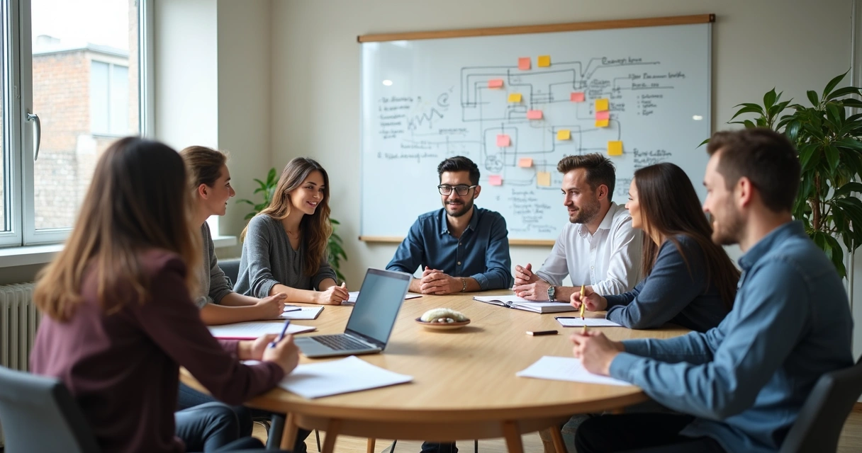Team members sharing ideas around a table in a calm meeting room 