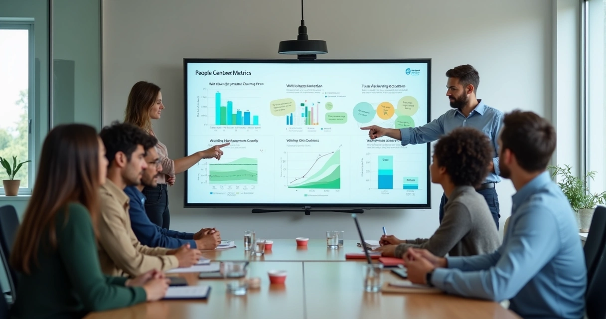Team reviewing a human impact dashboard in a meeting room